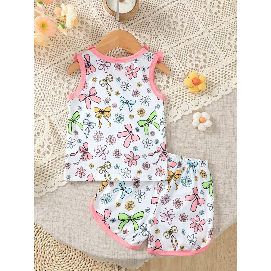 Children’s Bowknot & Floral Print Sleeveless Top and Shorts Set Apparel Accessories