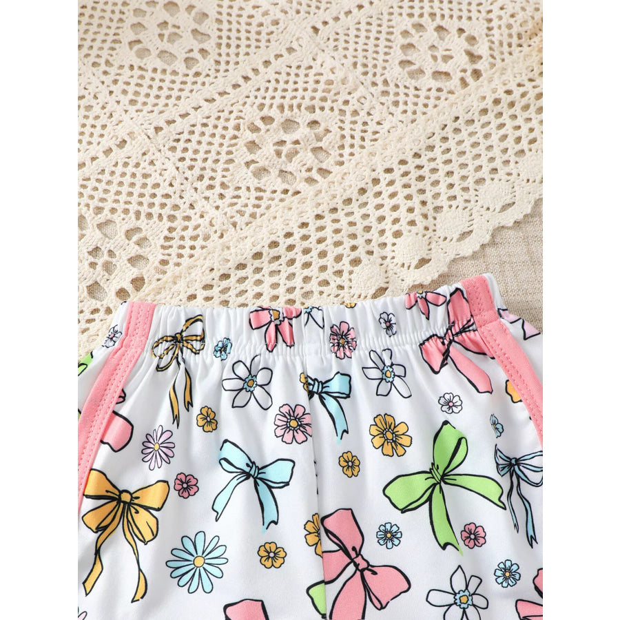 Children’s Bowknot & Floral Print Sleeveless Top and Shorts Set Apparel Accessories