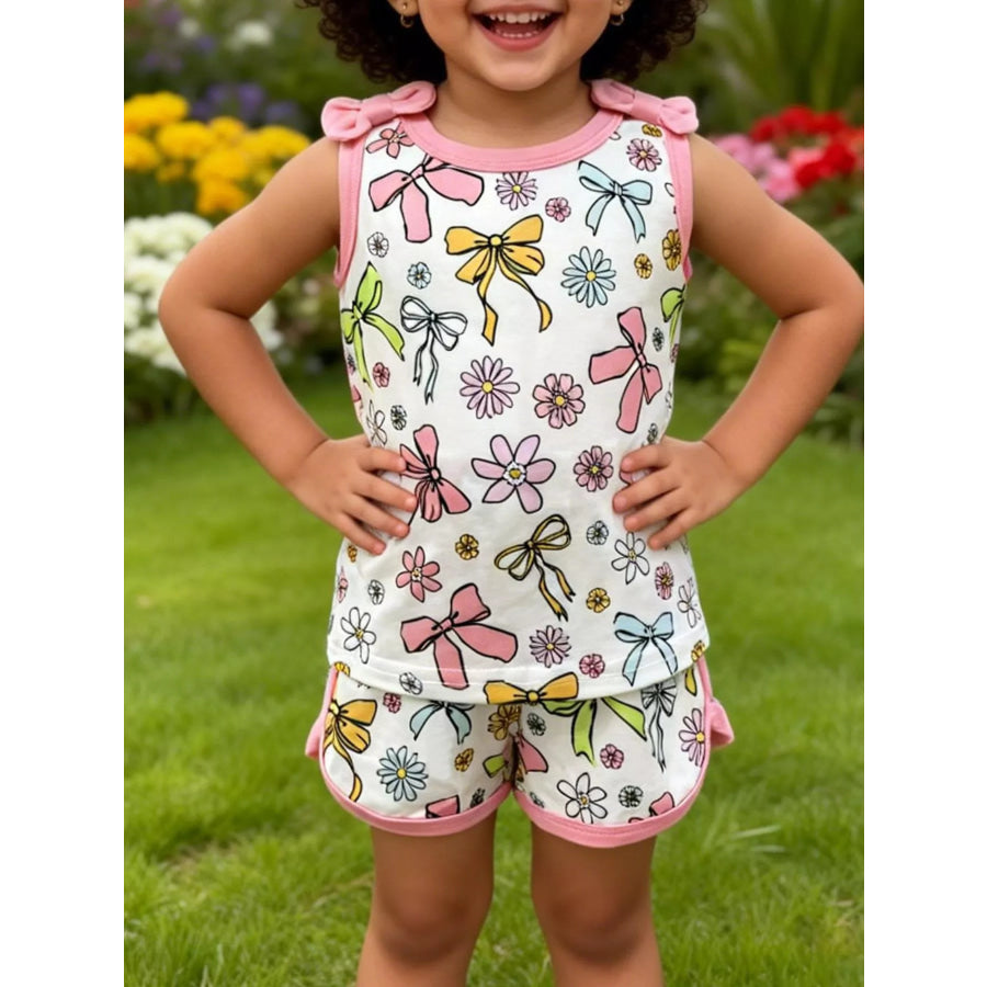 Children’s Bowknot & Floral Print Sleeveless Top and Shorts Set Pink / 6-9M Apparel Accessories