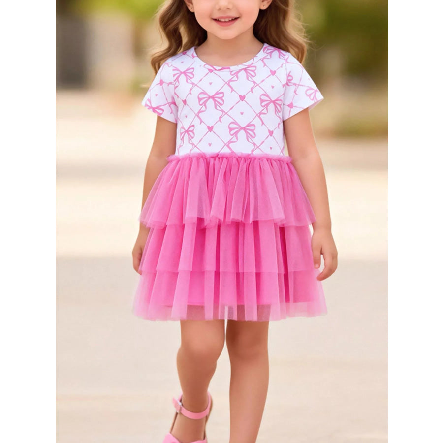 Children’s Bowknot Pattern Tulle Layered Dress Fuchsia Pink / 2Y Apparel and Accessories