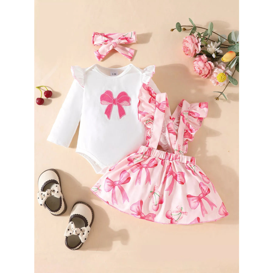 Children’s Bowknot Print Ruffle Trim 3 Piece Set Pink / 0-3M Apparel and Accessories