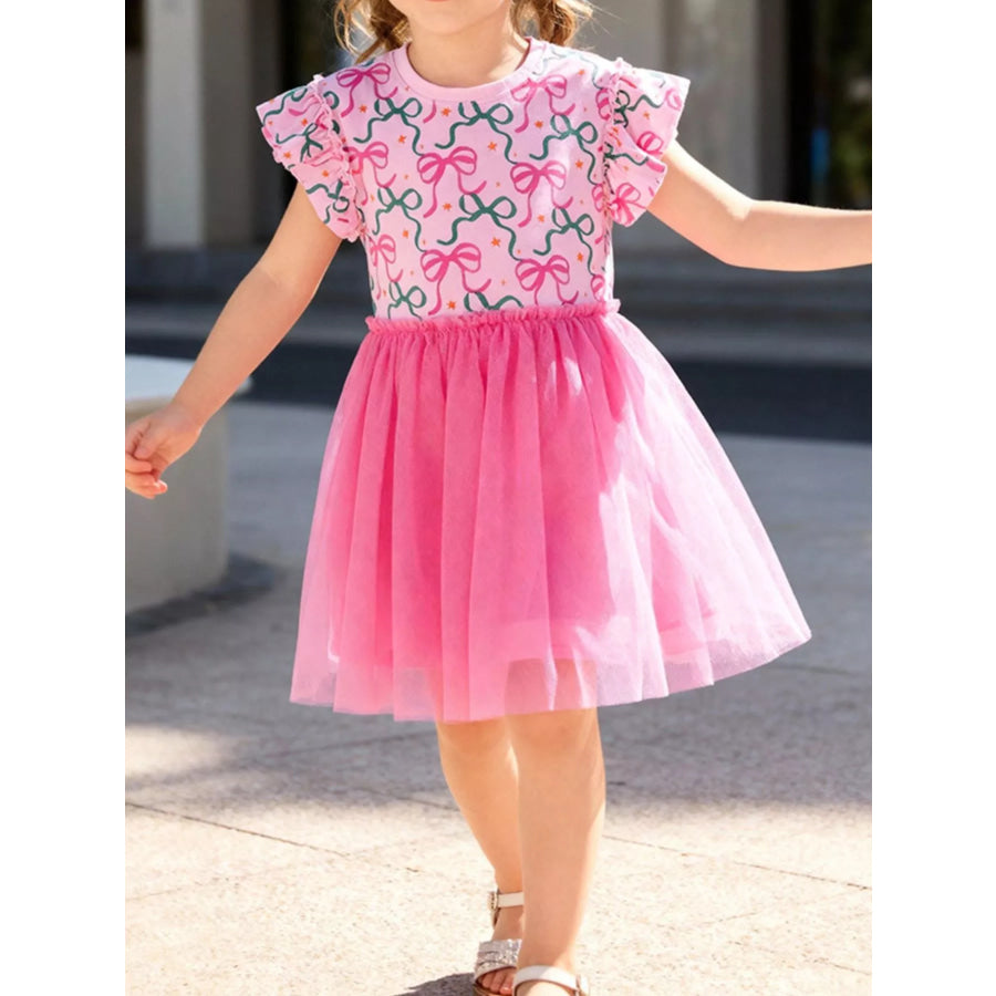 Children’s Bowknot Ruffle Sleeve Tulle Dress Fuchsia Pink / 2Y Apparel and Accessories