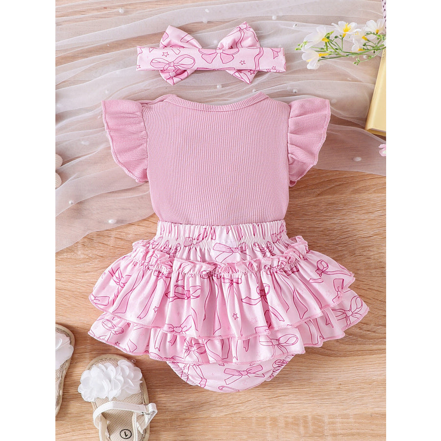 Children’s Bowknot Ruffle Trim Bodysuit & Skort & Headband Set Apparel and Accessories