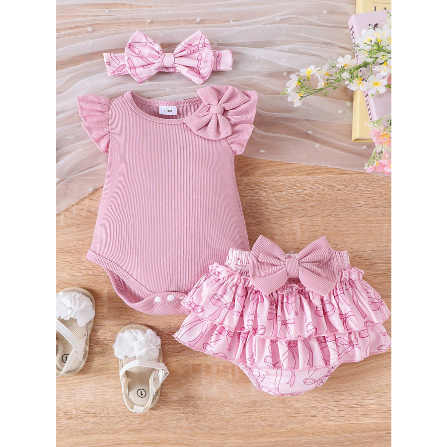Children’s Bowknot Ruffle Trim Bodysuit & Skort & Headband Set Pink / 1-3M Apparel and Accessories