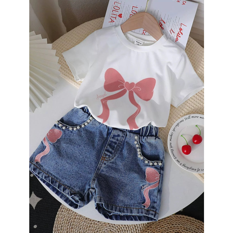 Children’s Bowknot T-shirt and Denim Shorts Set White / 4Y Apparel and Accessories