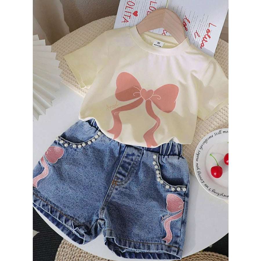 Children’s Bowknot T-shirt and Denim Shorts Set Beige / 4Y Apparel and Accessories