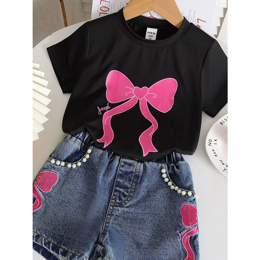 Children’s Bowknot T-shirt and Denim Shorts Set Black / 4Y Apparel and Accessories