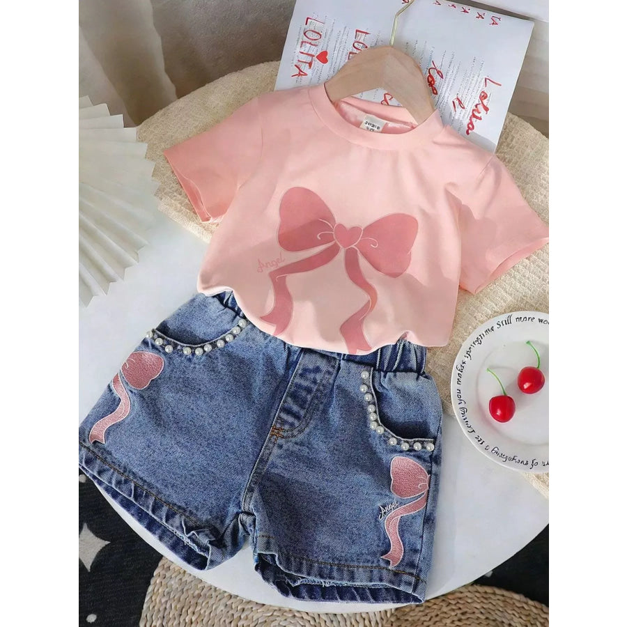Children’s Bowknot T-shirt and Denim Shorts Set Blush Pink / 4Y Apparel and Accessories