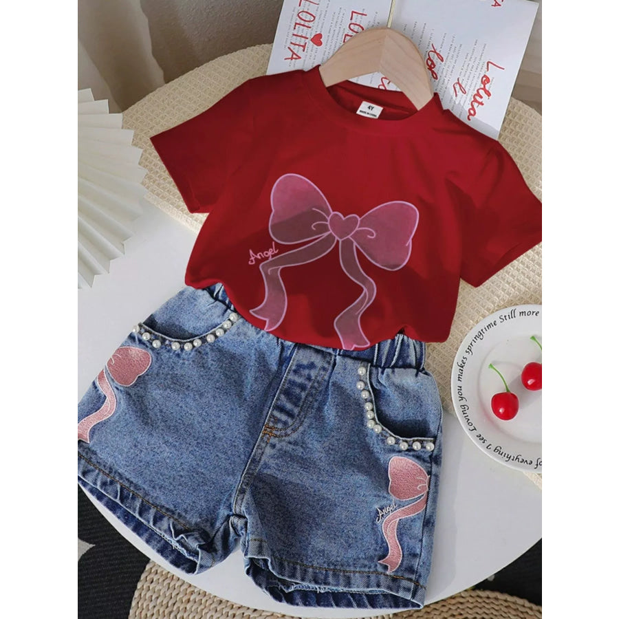 Children’s Bowknot T-shirt and Denim Shorts Set Scarlet / 4Y Apparel and Accessories