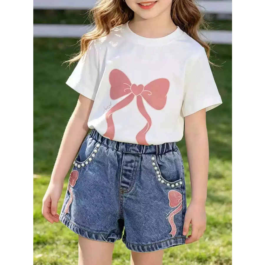 Children’s Bowknot T-shirt and Denim Shorts Set White / 4Y Apparel and Accessories