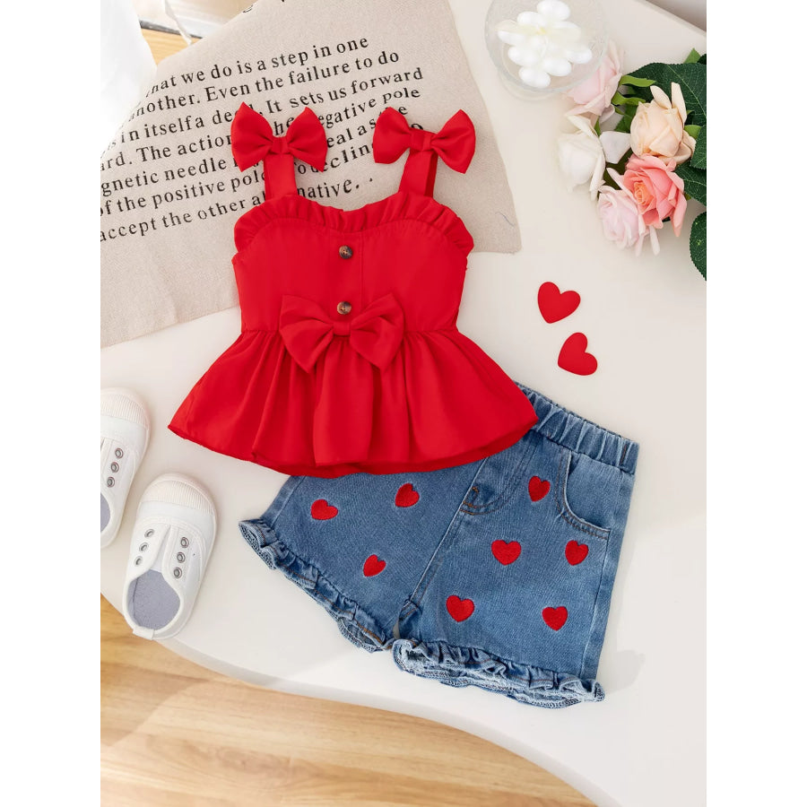 Children’s Bowknot Top & Heart Denim Shorts Set Red / 6-9M Apparel and Accessories