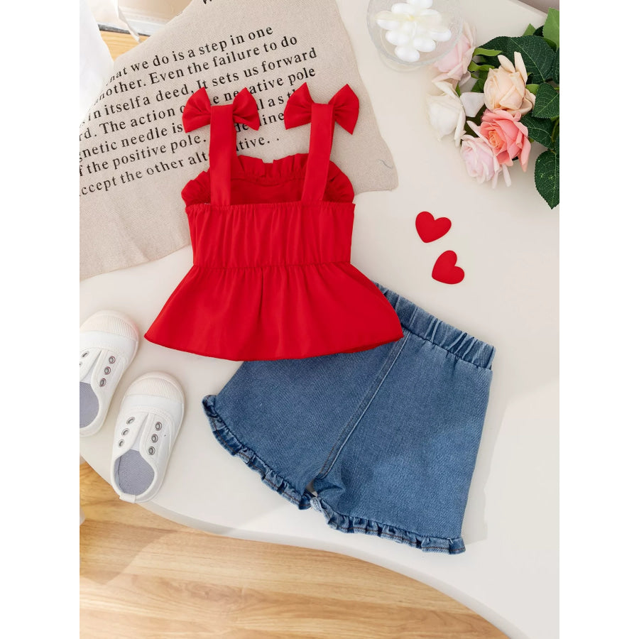 Children’s Bowknot Top & Heart Denim Shorts Set Apparel and Accessories