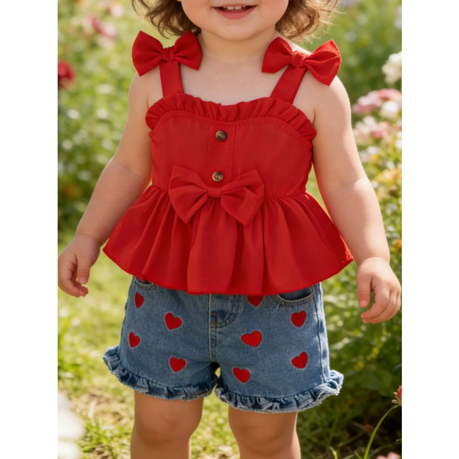 Children’s Bowknot Top & Heart Denim Shorts Set Red / 6-9M Apparel and Accessories