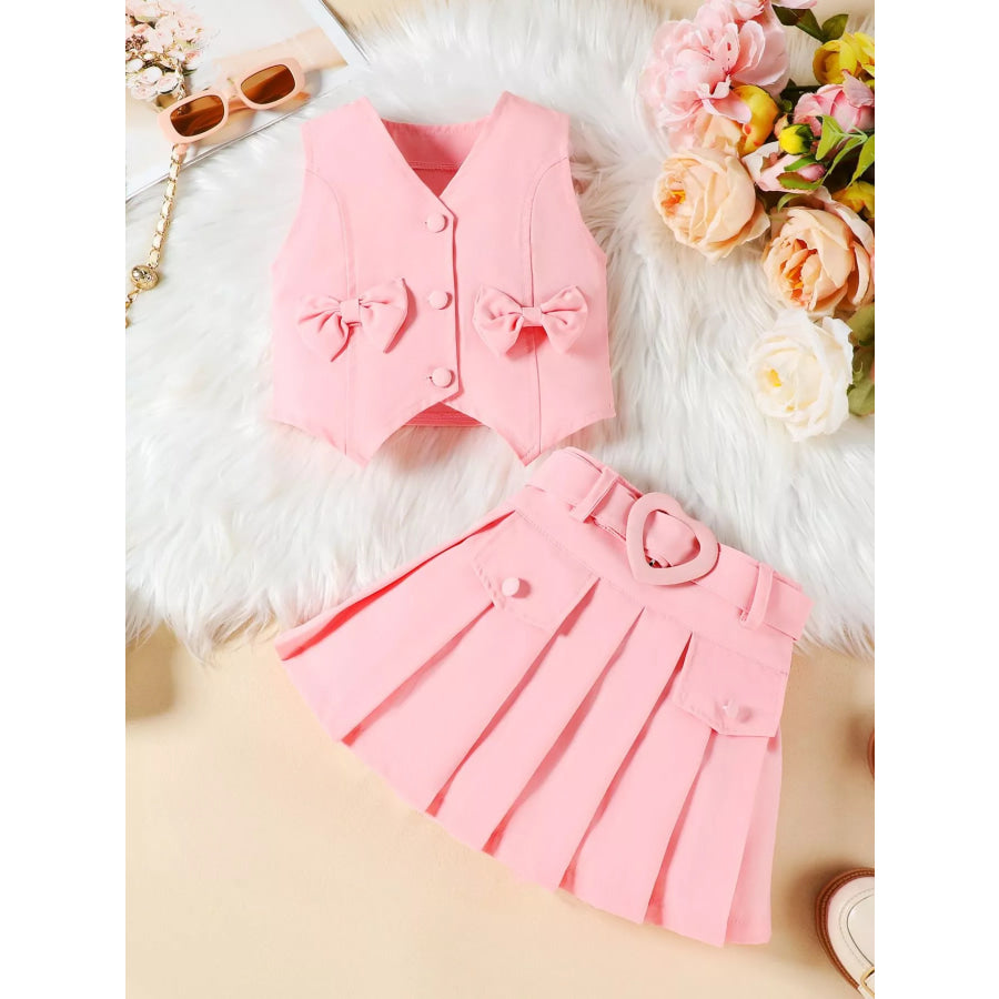 Children’s Bowknot Vest & Pleated Skirt Set Pink / 2-3 Apparel and Accessories