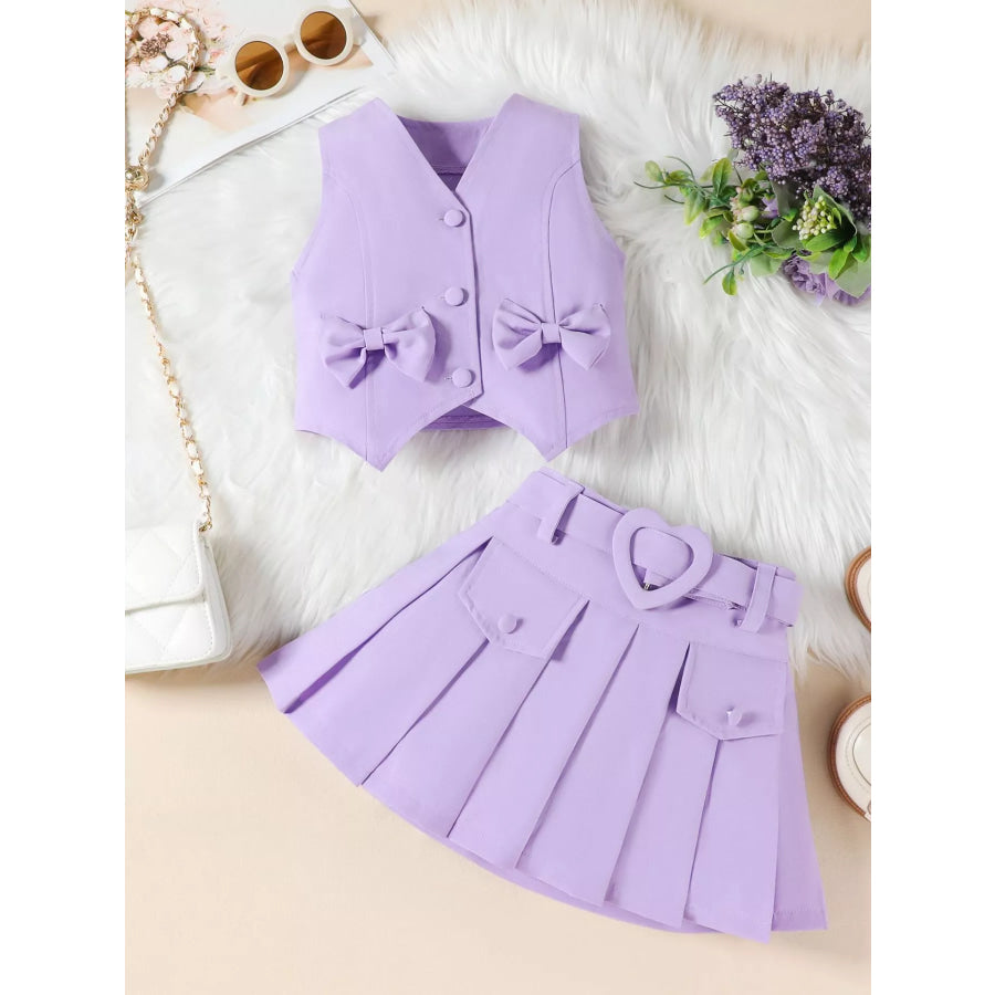 Children’s Bowknot Vest & Pleated Skirt Set Purple / 2-3 Apparel and Accessories