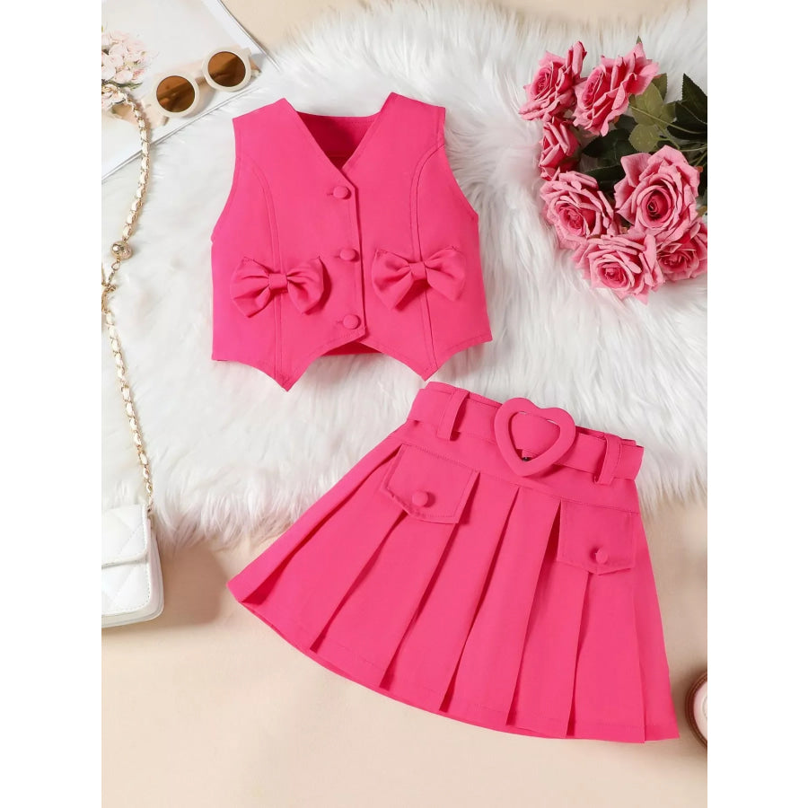 Children’s Bowknot Vest & Pleated Skirt Set Rose Red / 2-3 Apparel and Accessories