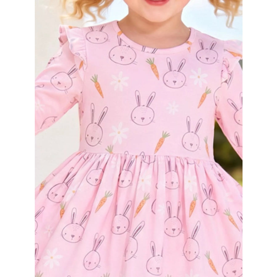 Children’s Bunny and Carrot Print Ruffle Sleeve A-Line Dress Apparel and Accessories