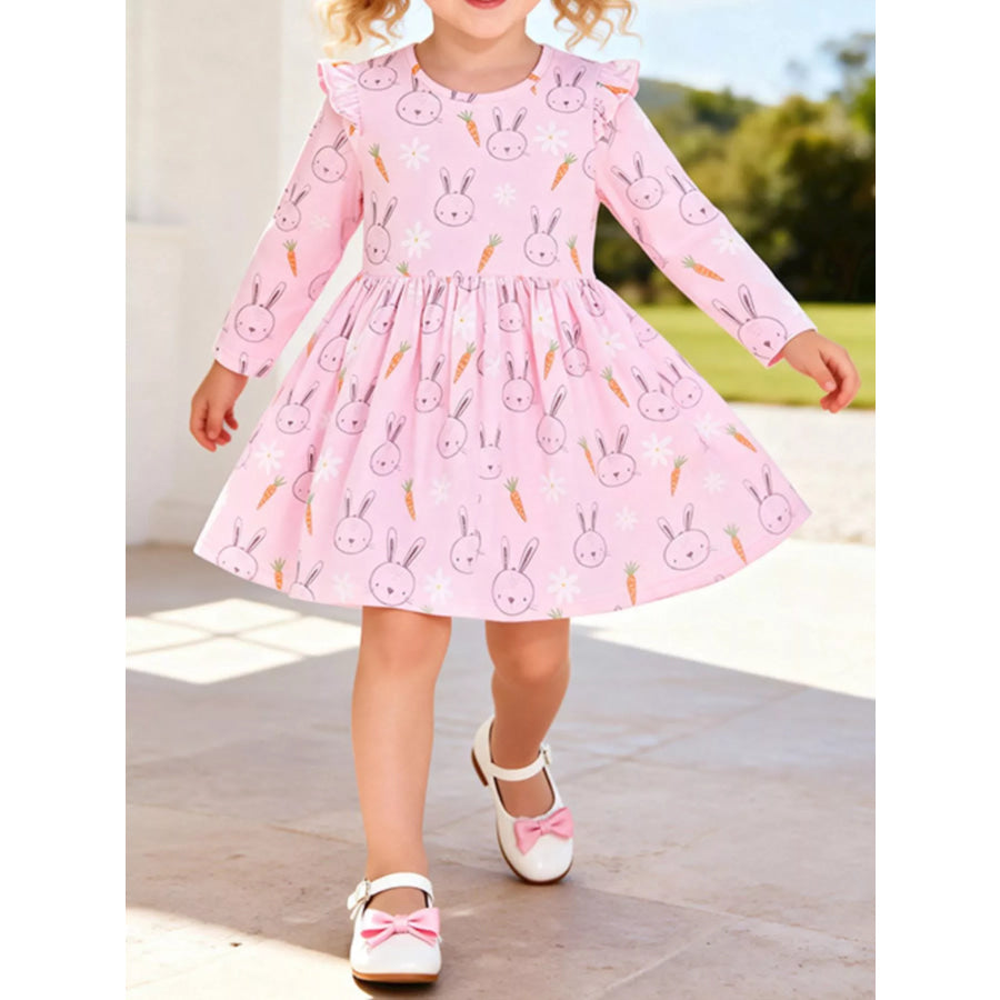 Children’s Bunny and Carrot Print Ruffle Sleeve A-Line Dress Blush Pink / 2Y Apparel and Accessories