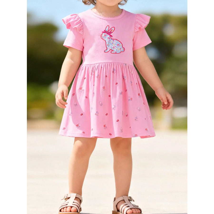 Children’s Bunny Applique Ruffle Sleeve Dress Pink / 2Y Apparel and Accessories