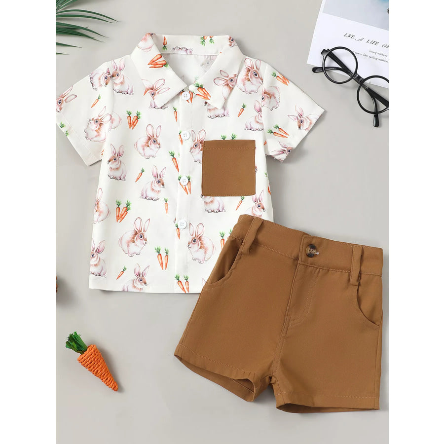 Children’s Bunny & Carrot Print Short Sleeve Shirt & Shorts Set White / 0-3M Apparel and Accessories
