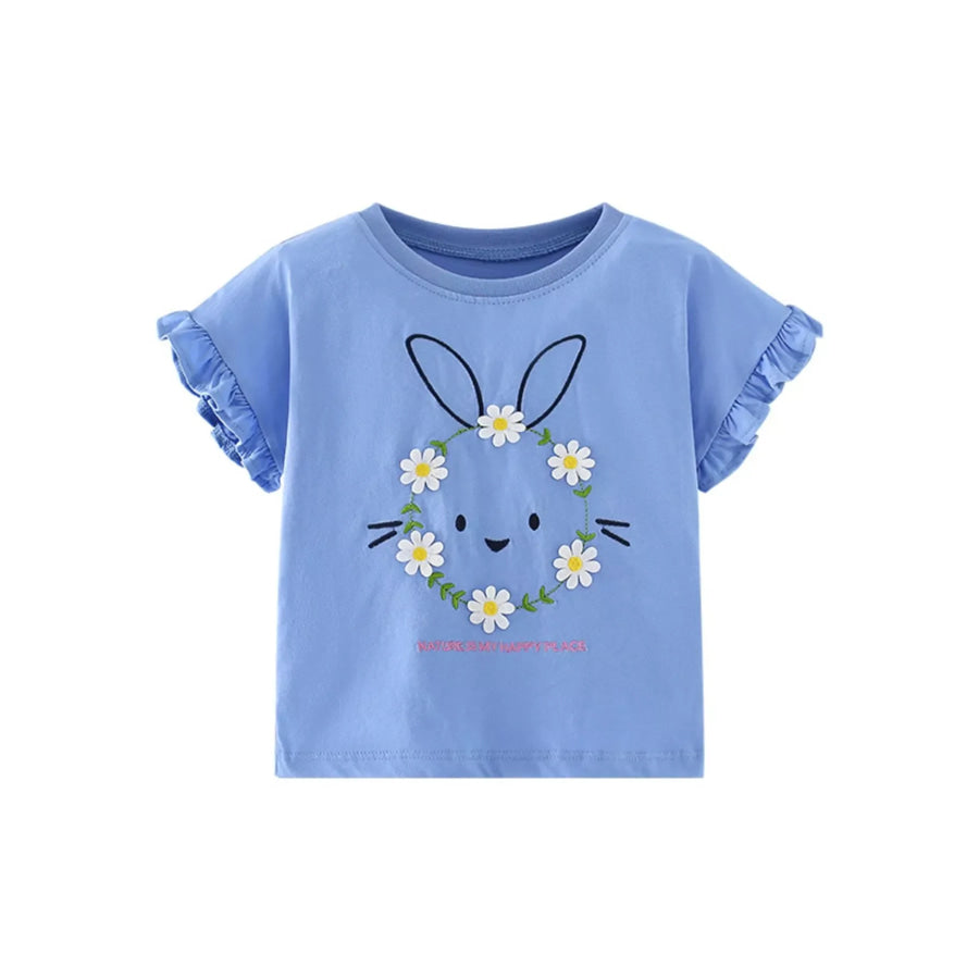 Children’s Bunny & Daisy Graphic Ruffle Sleeve T-Shirt Dusty Blue / 3Y Apparel and Accessories