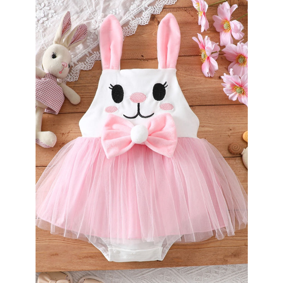 Children’s Bunny Embroidered Bow Decor Mesh One-Piece Blush Pink / 0-3M Apparel and Accessories
