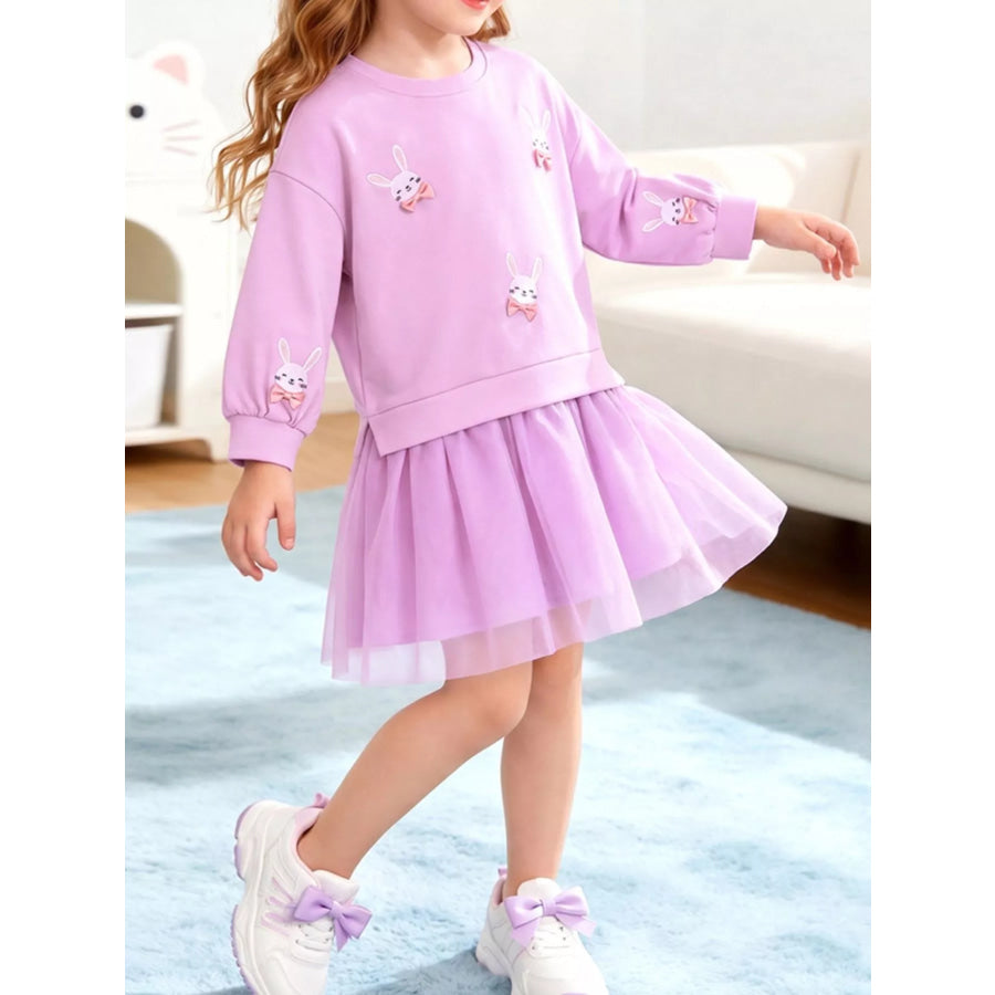 Children’s Bunny Embroidered Sweatshirt Tulle Dress Pink Purple / 2Y Apparel and Accessories