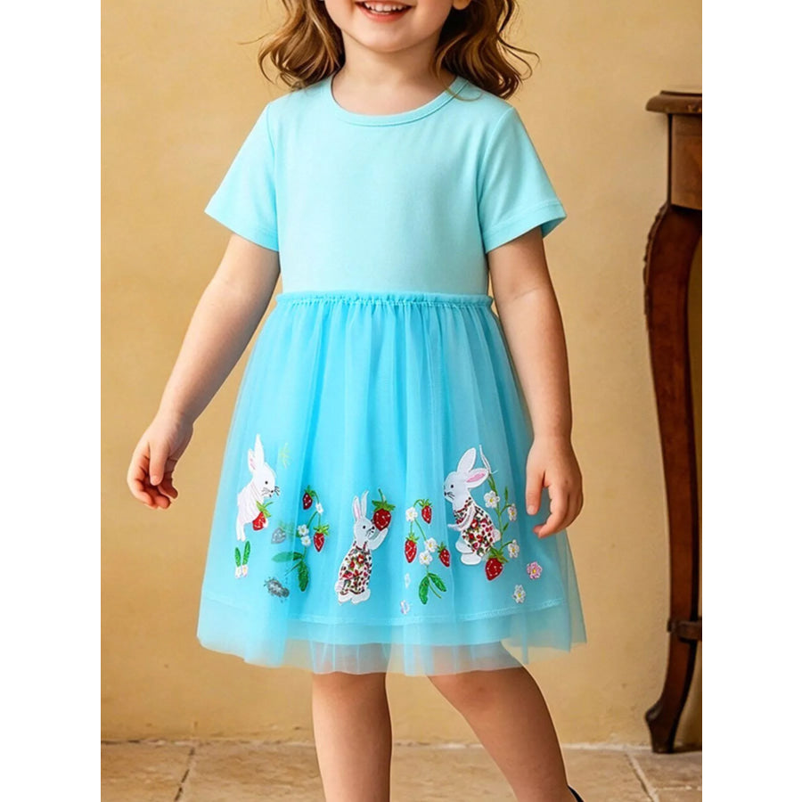 Children’s Bunny Embroidered Tulle Dress Aqua / 2Y Apparel and Accessories