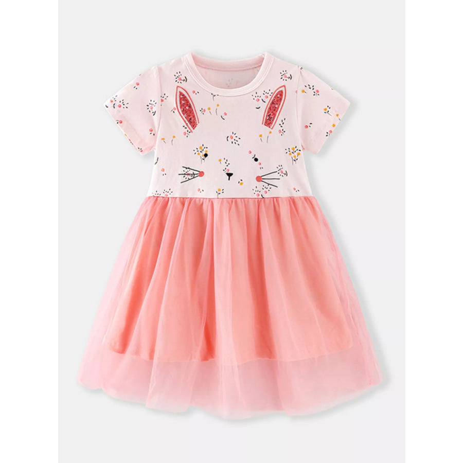 Children’s Bunny Floral Print Tulle Dress Watermelon pink / 2Y Apparel and Accessories