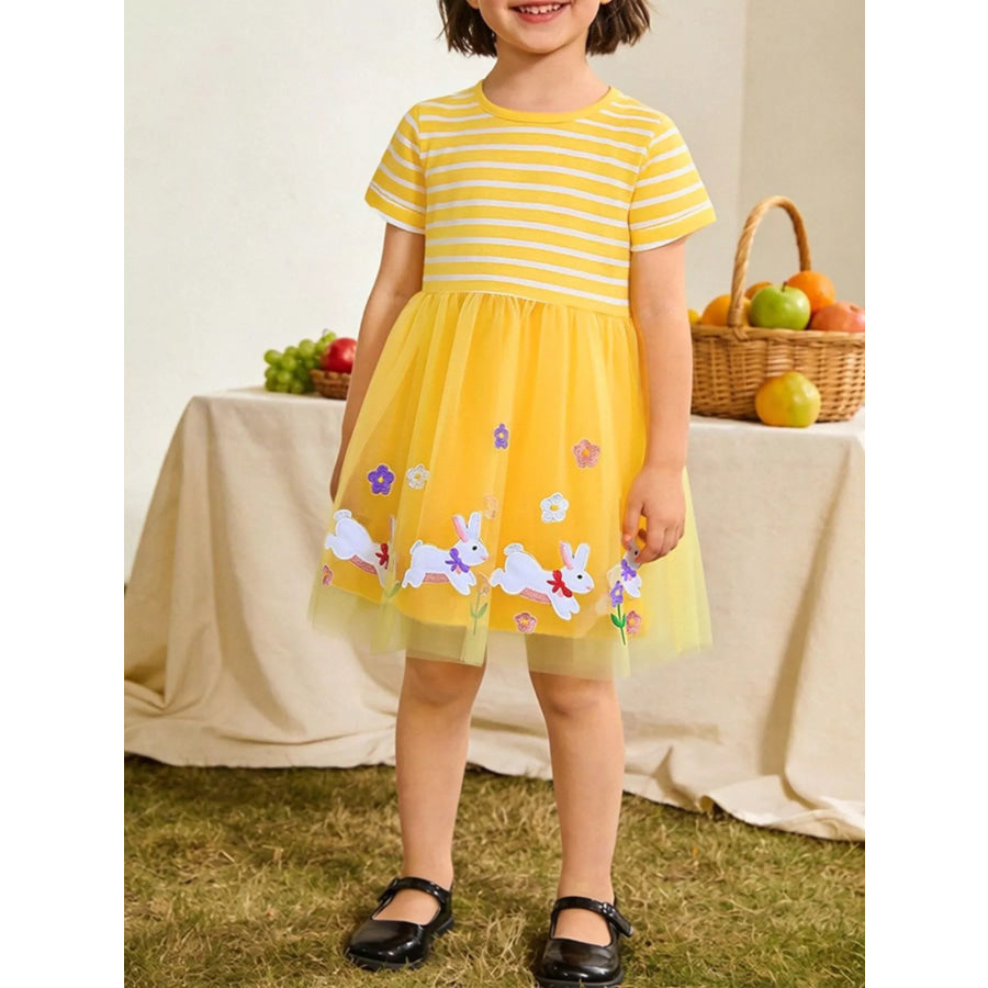 Children’s Bunny & Floral Striped Tulle Dress Yellow / 2Y Apparel and Accessories