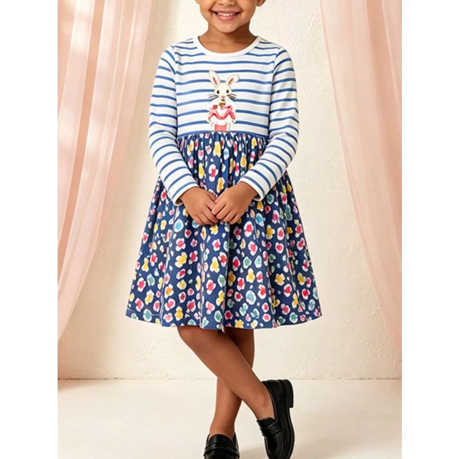 Children’s Bunny Graphic Striped Floral Print Dress Apparel and Accessories