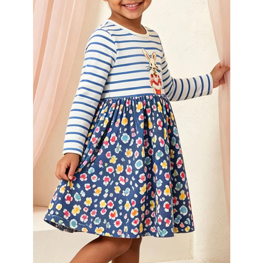 Children’s Bunny Graphic Striped Floral Print Dress Apparel and Accessories