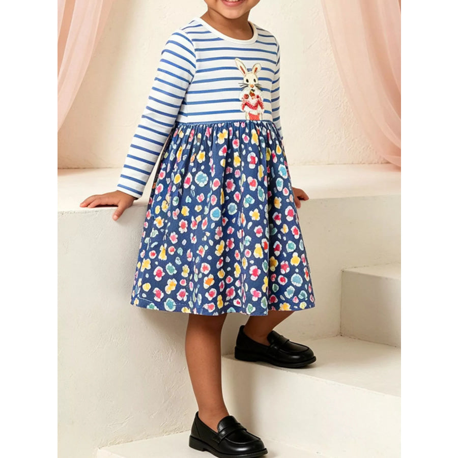 Children’s Bunny Graphic Striped Floral Print Dress Dark Blue / 2Y Apparel and Accessories