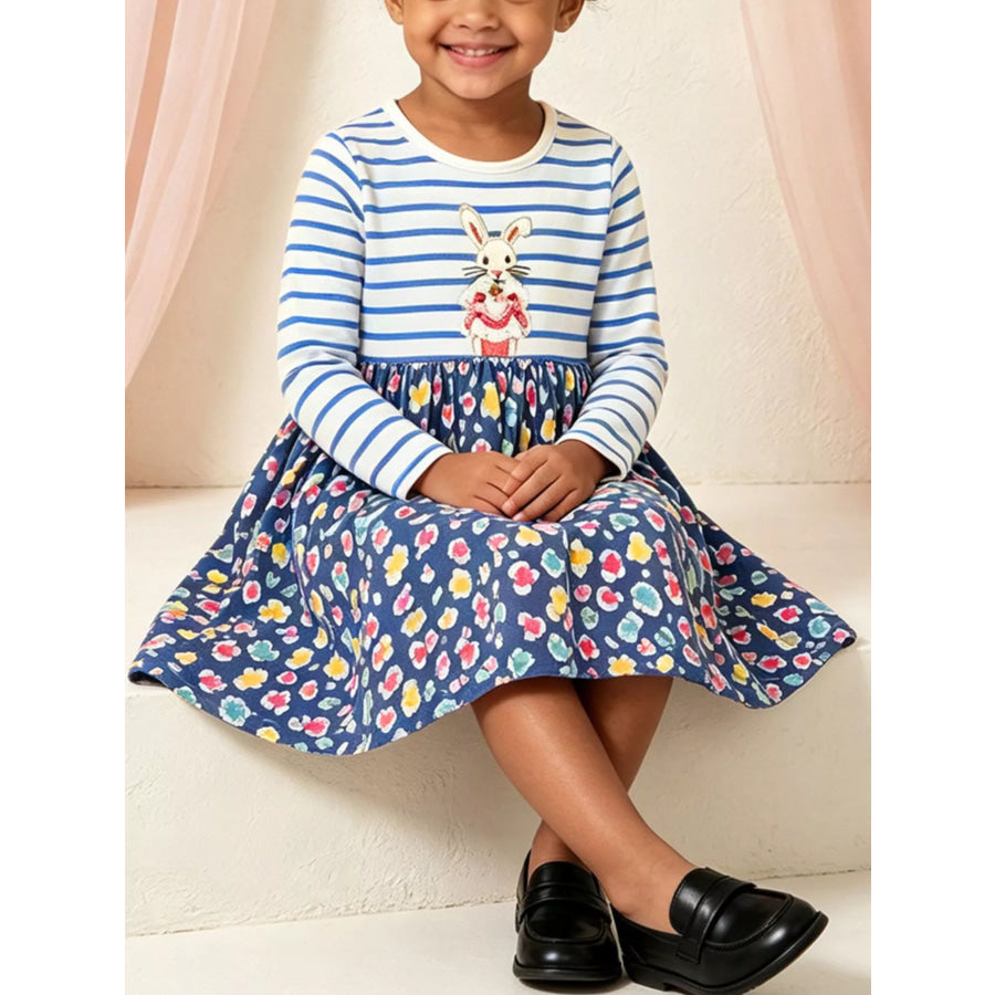 Children’s Bunny Graphic Striped Floral Print Dress Dark Blue / 2Y Apparel and Accessories