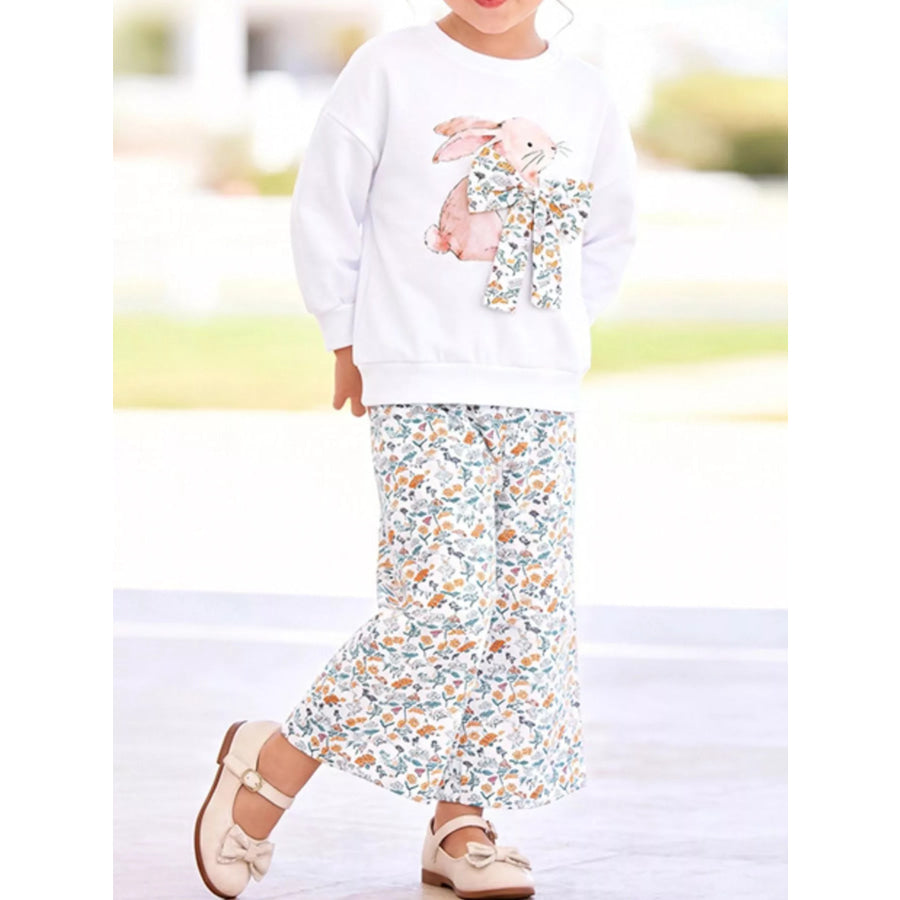 Children’s Bunny Graphic Sweatshirt and Floral Wide-Leg Pant Set Apparel and Accessories