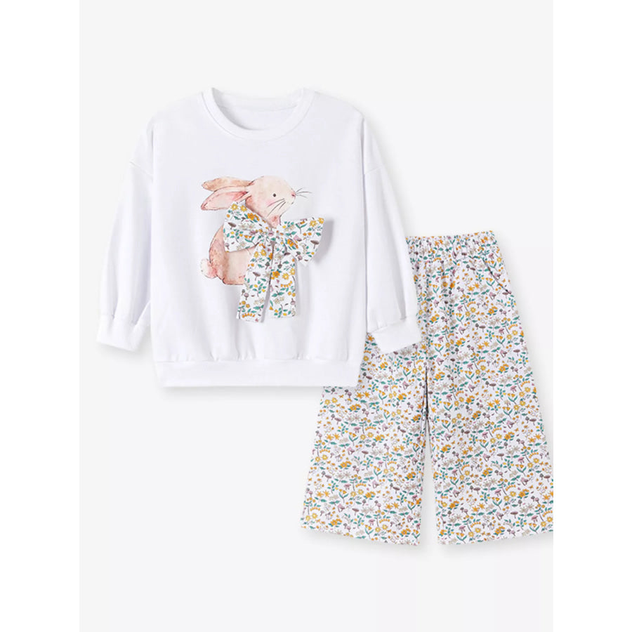 Children’s Bunny Graphic Sweatshirt and Floral Wide-Leg Pant Set Apparel and Accessories