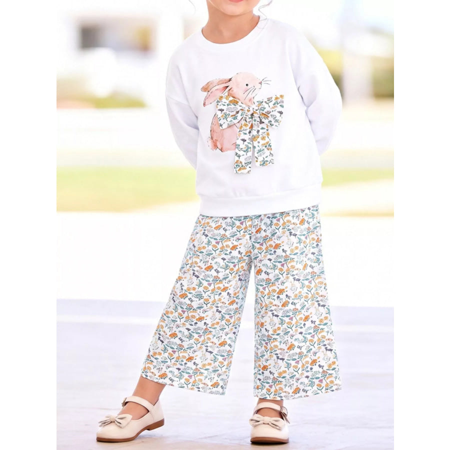 Children’s Bunny Graphic Sweatshirt and Floral Wide-Leg Pant Set White / 2Y Apparel and Accessories