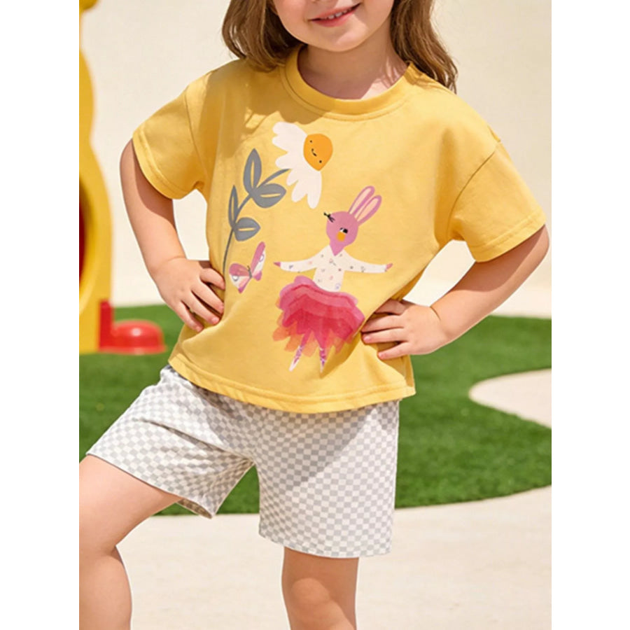 Children’s Bunny Graphic Tee & Checkered Shorts Set Gold / 3T Apparel and Accessories