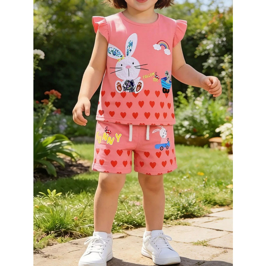 Children’s Bunny Heart Print Top and Shorts Set Strawberry / 2Y Apparel and Accessories