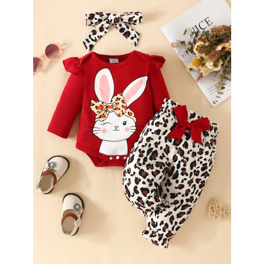 Children’s Bunny Long Sleeve Bodysuit and Pants Set with Headscarf Wine Red / 0-3M Apparel and Accessories