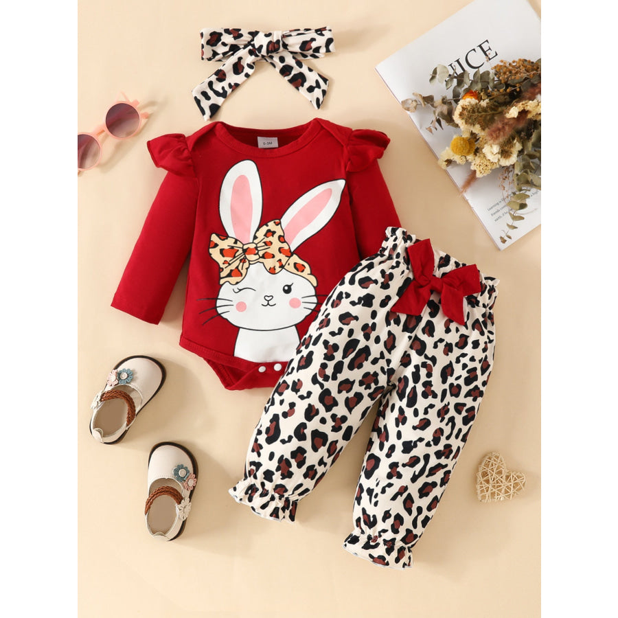 Children’s Bunny Long Sleeve Bodysuit and Pants Set with Headscarf Wine Red / 0-3M Apparel and Accessories