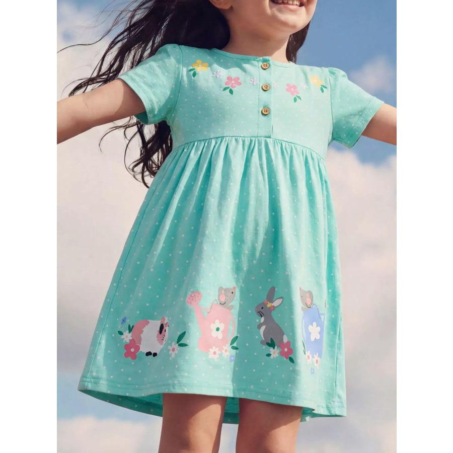 Children’s Bunny Print Button Detail Dress Green / 2-3 Apparel and Accessories