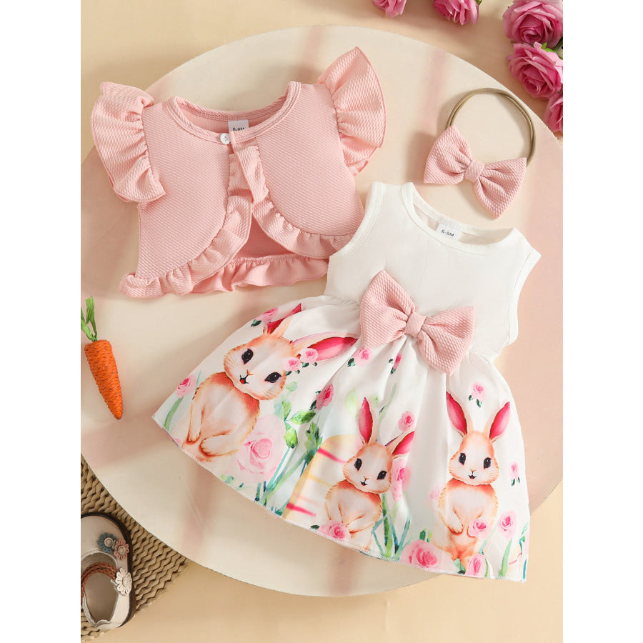 Children’s Bunny Print Dress with Ruffle Cardigan & Headband Set Pink / 6-9M Apparel and Accessories