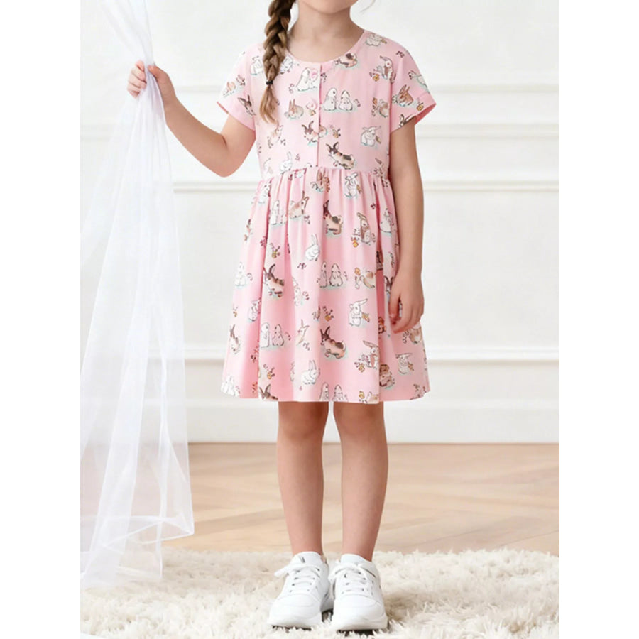 Children’s Bunny Print Round Neck Casual Dress Dusty Pink / 3T Apparel and Accessories