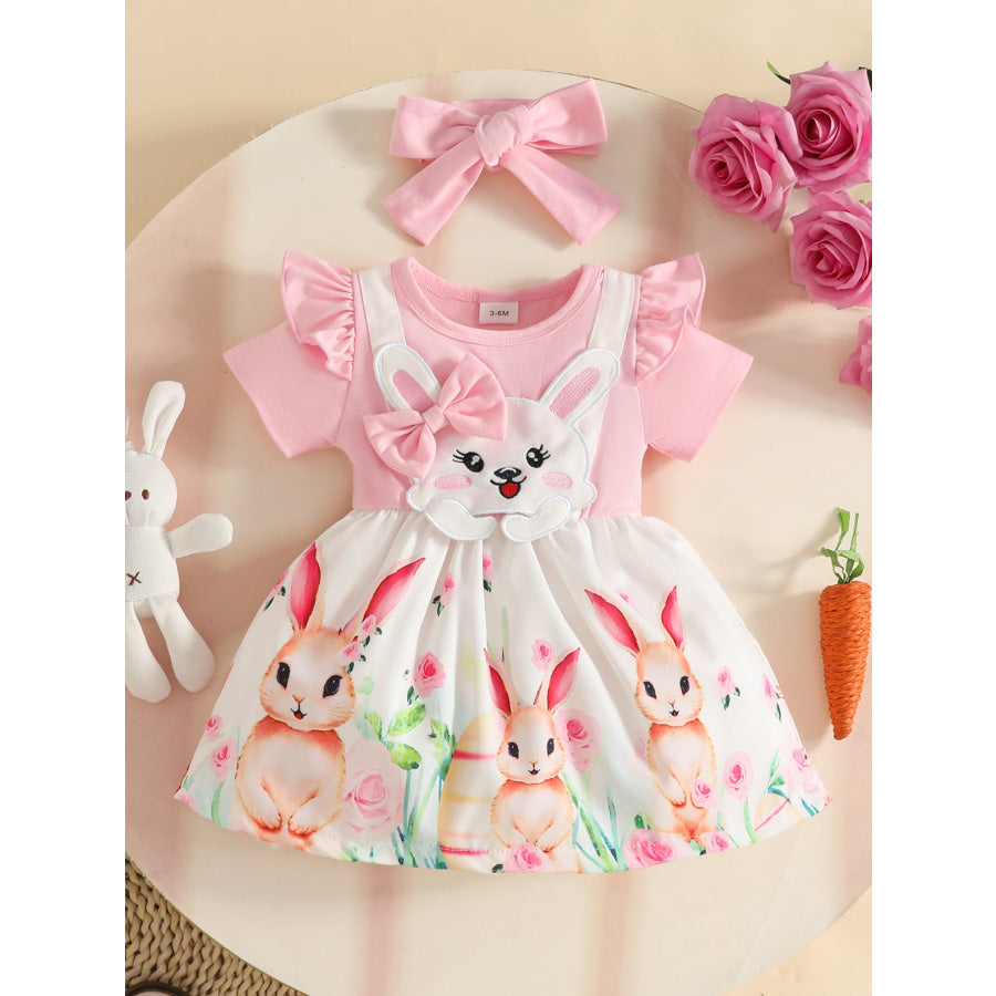 Children’s Bunny Print Ruffled Dress with Headband Pink / 3-6M Apparel and Accessories