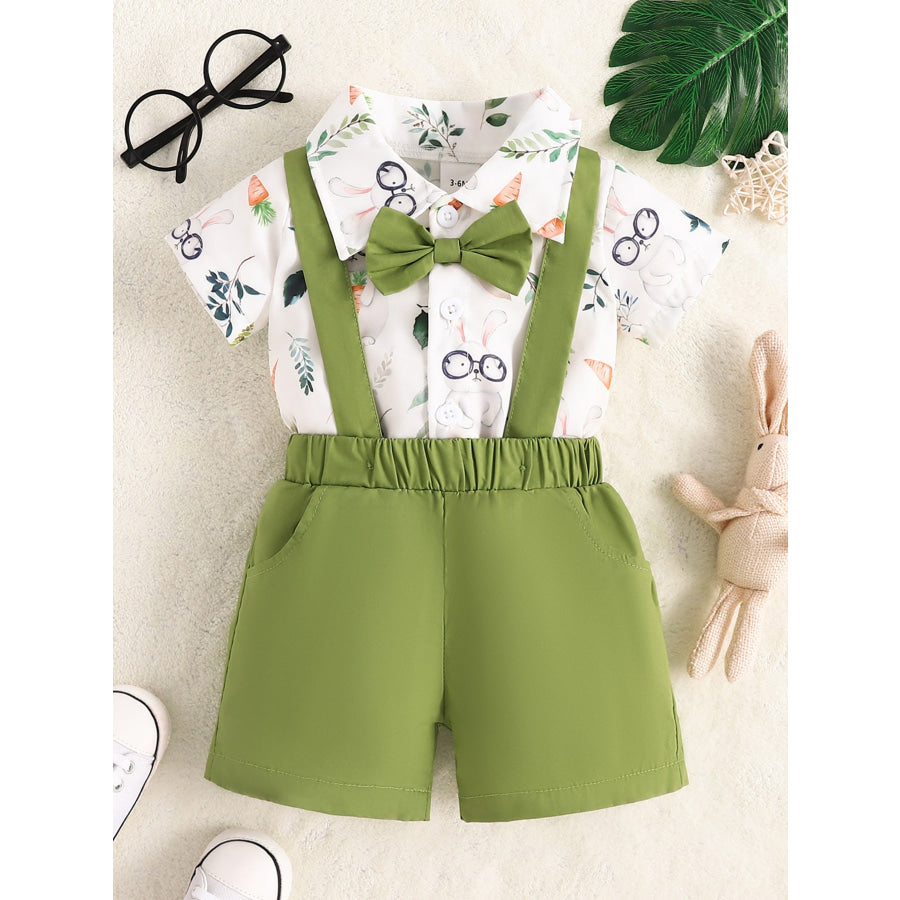 Children’s Bunny Print Shirt with Suspender Shorts Set Emerald Green / 3-6M Apparel and Accessories