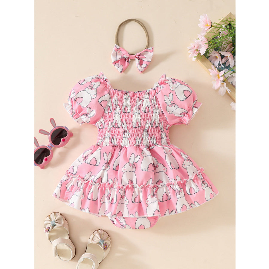 Children’s Bunny Print Smocked Dress & Headband Set Pink / 0-3M Apparel and Accessories