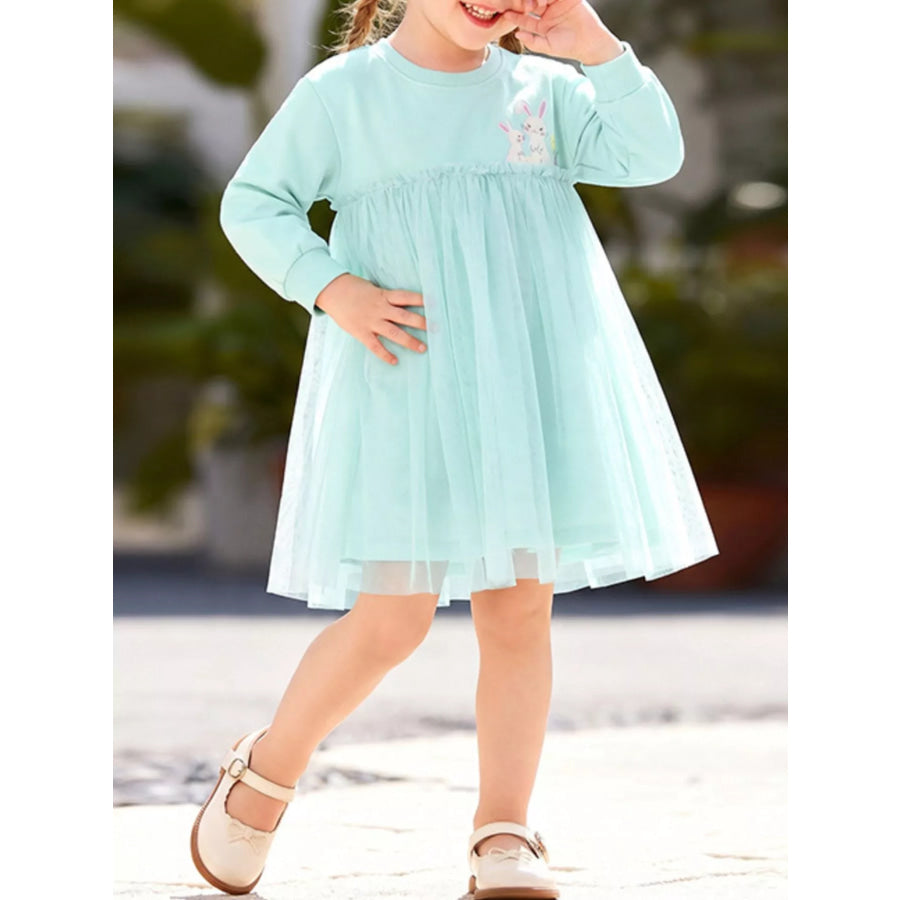 Children’s Bunny Round Neck Tulle Dress Mint Blue / 2Y Apparel and Accessories