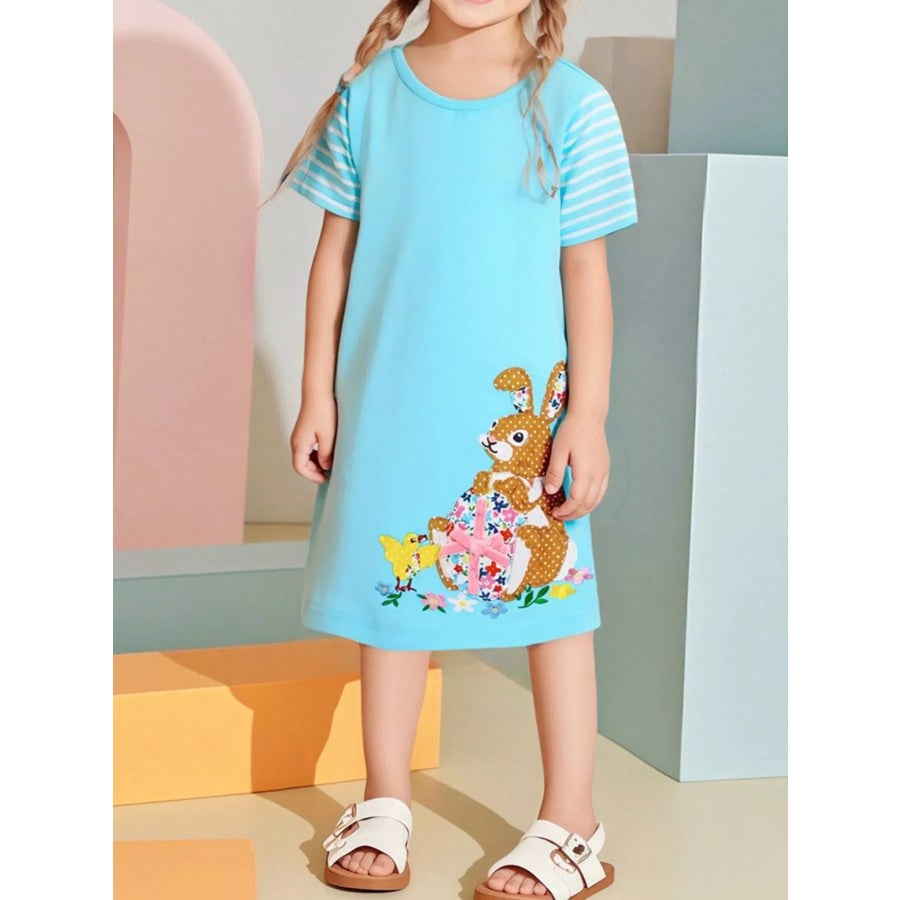 Children’s Bunny Striped Sleeve Casual Dress Mint Blue / 2Y Apparel and Accessories