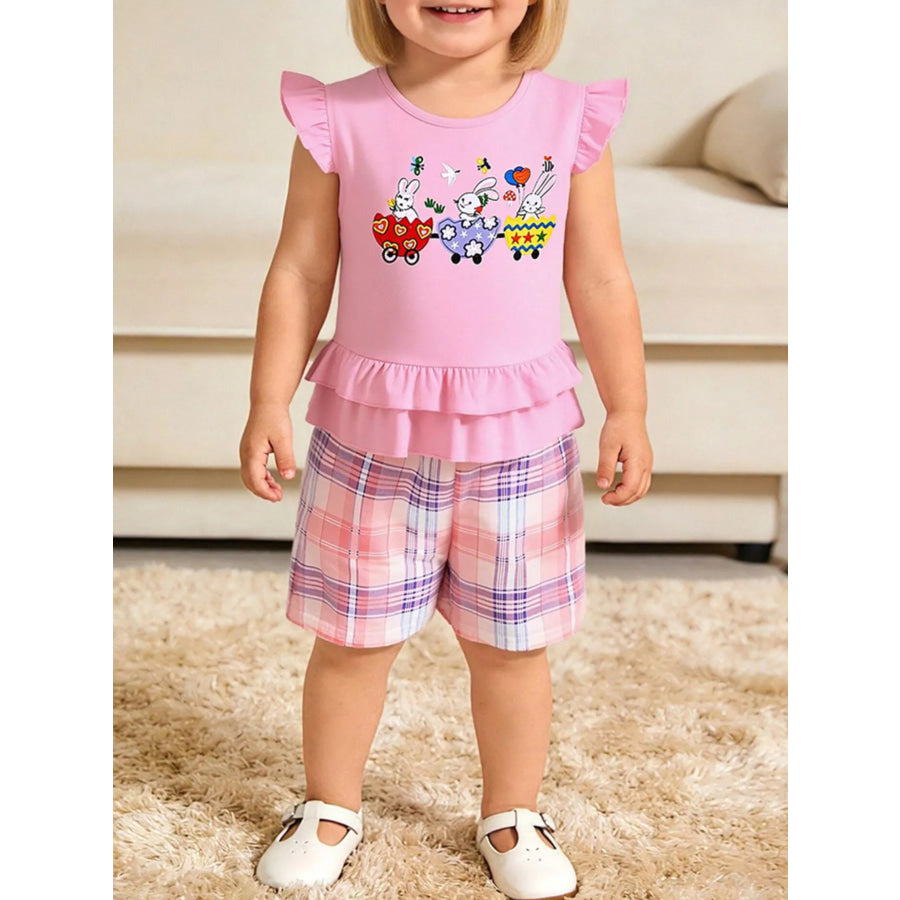 Children’s Bunny Train Ruffle Trim Top & Plaid Shorts Set Pink / 2Y Apparel and Accessories